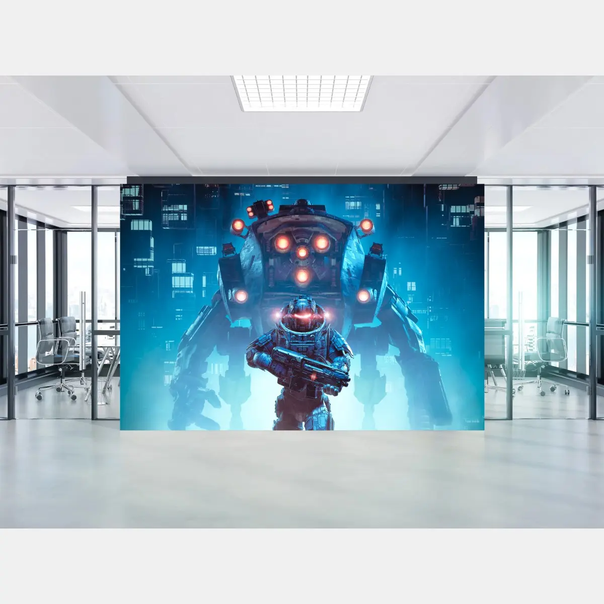 Fototapete futuristischer mech und soldat in neonstadt – Pixers®