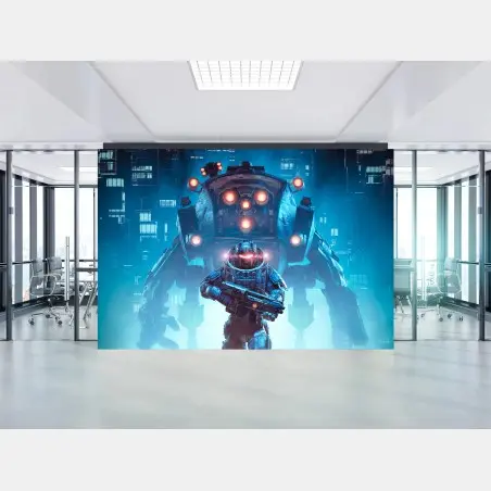 Fototapete futuristischer mech und soldat in neonstadt – Pixers®