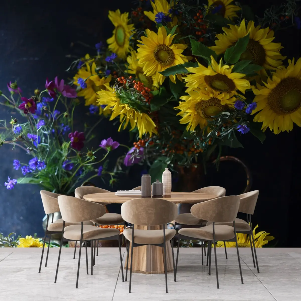 Fototapete stillleben mit sonnenblumen und kupferkrug – Pixers®