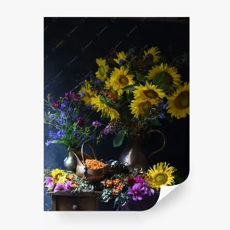 Fototapete stillleben mit sonnenblumen und kupferkrug