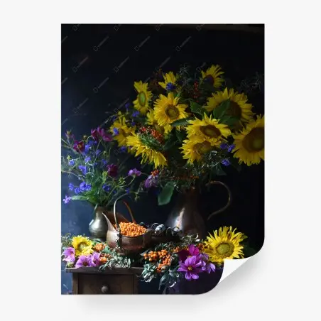 Fototapete stillleben mit sonnenblumen und kupferkrug – Pixers®