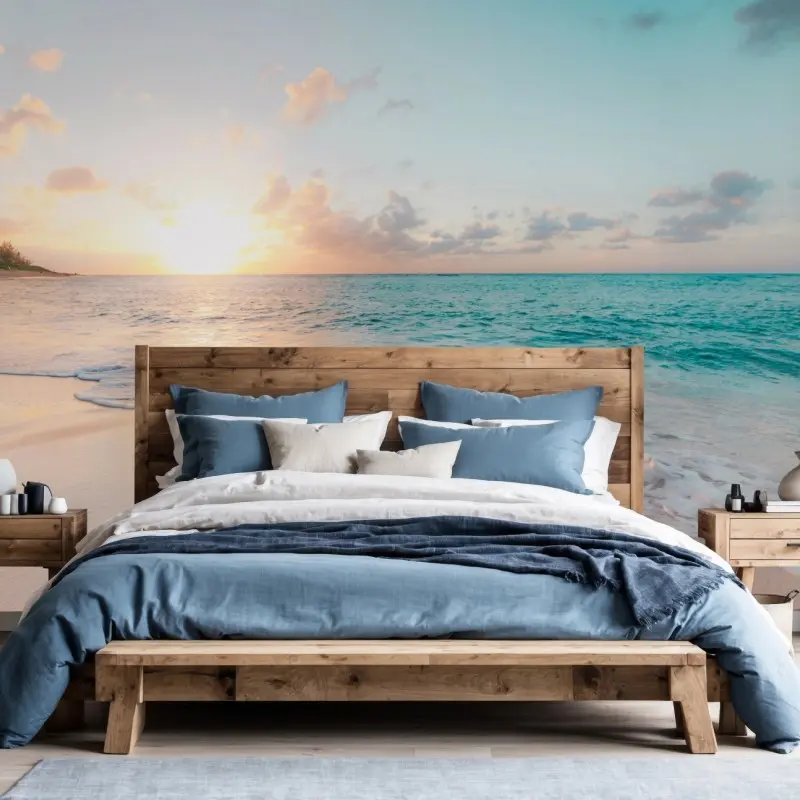 Fototapete ruhiger türkisfarbener strand bei sonnenaufgang