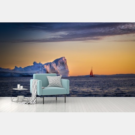 Fototapete goldene arktische meerlandschaft mit segelboot – Pixers®