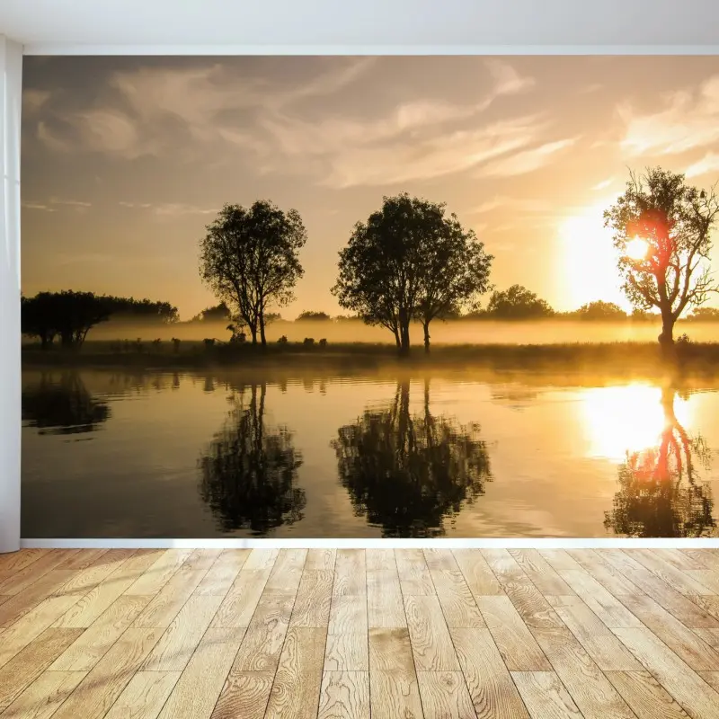 Fototapete goldener sonnenaufgang über dem spiegelnden see