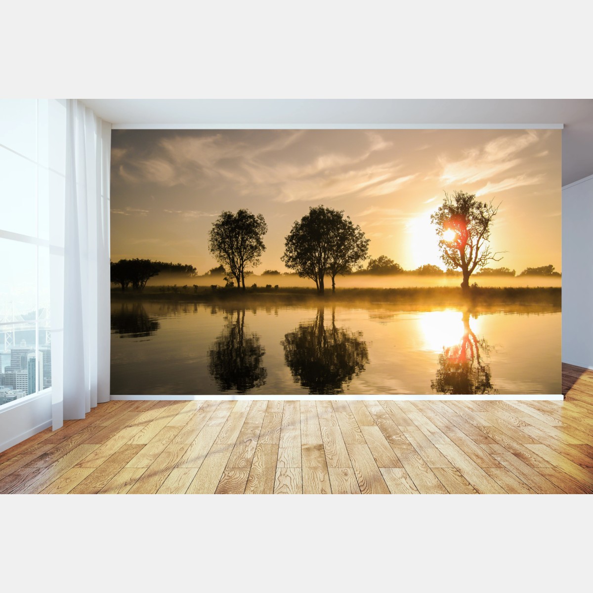 Fototapete goldener sonnenaufgang über dem spiegelnden see – Pixers®