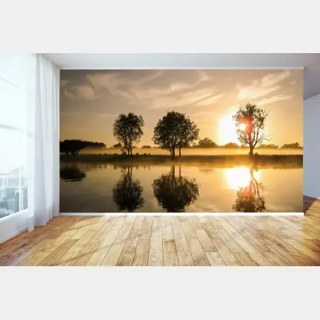 Fototapete goldener sonnenaufgang über dem spiegelnden see – Pixers®