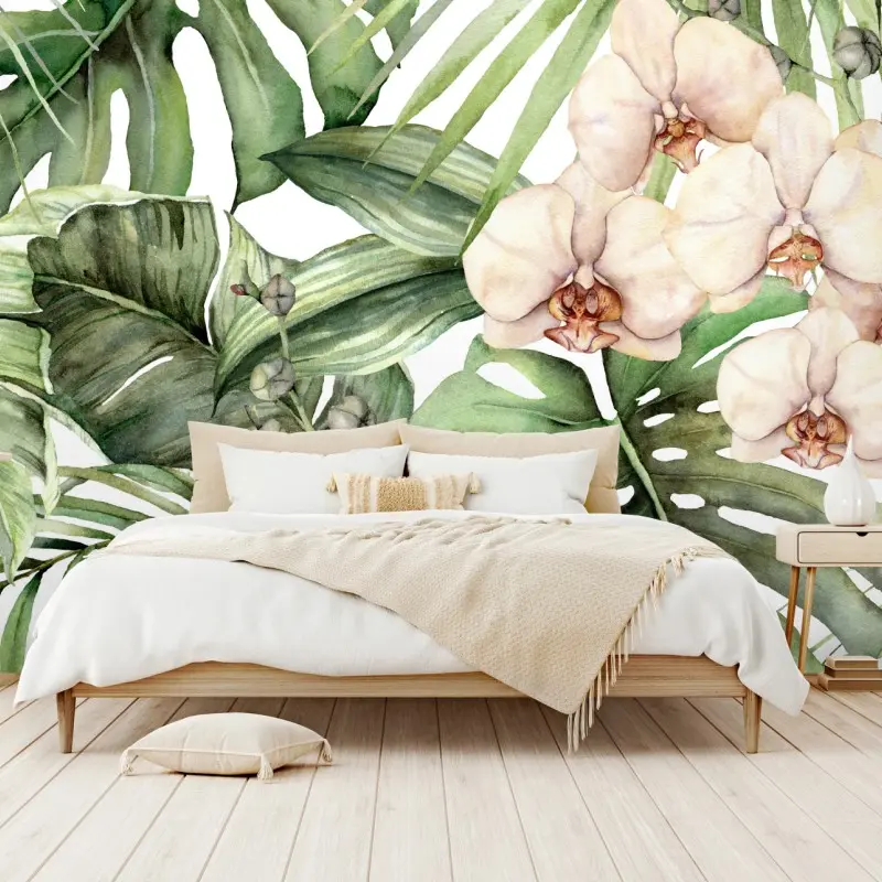 Fototapete zarte aquarell orchideen und tropische blätter
