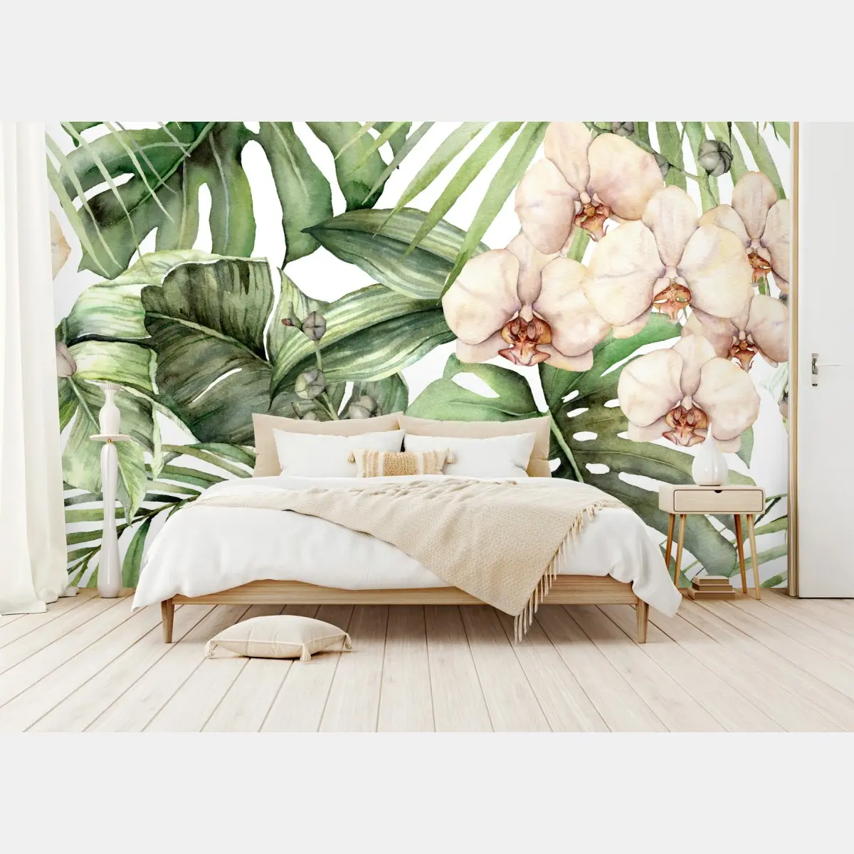 Fototapete zarte aquarell orchideen und tropische blätter – Pixers®