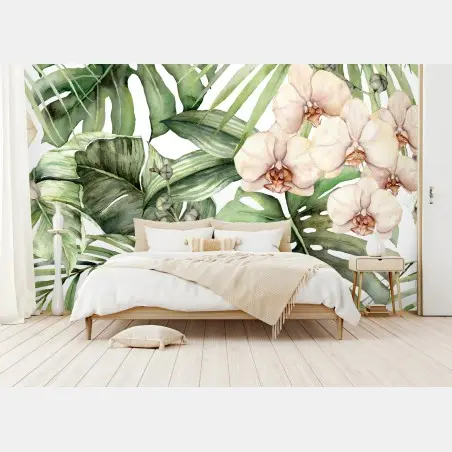 Fototapete zarte aquarell orchideen und tropische blätter – Pixers®