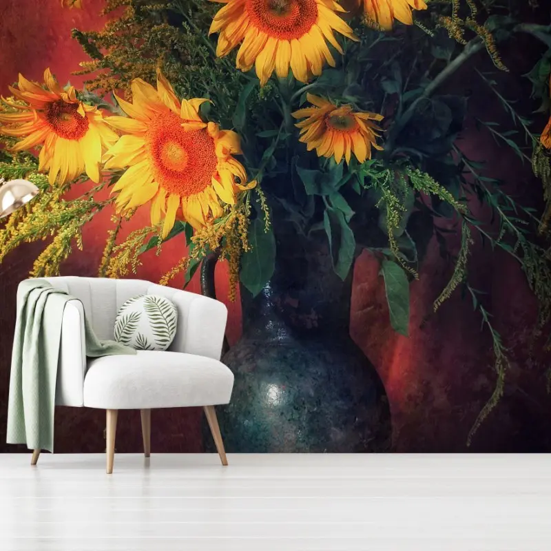Fototapete goldene sonnenblumen in vintage-vase