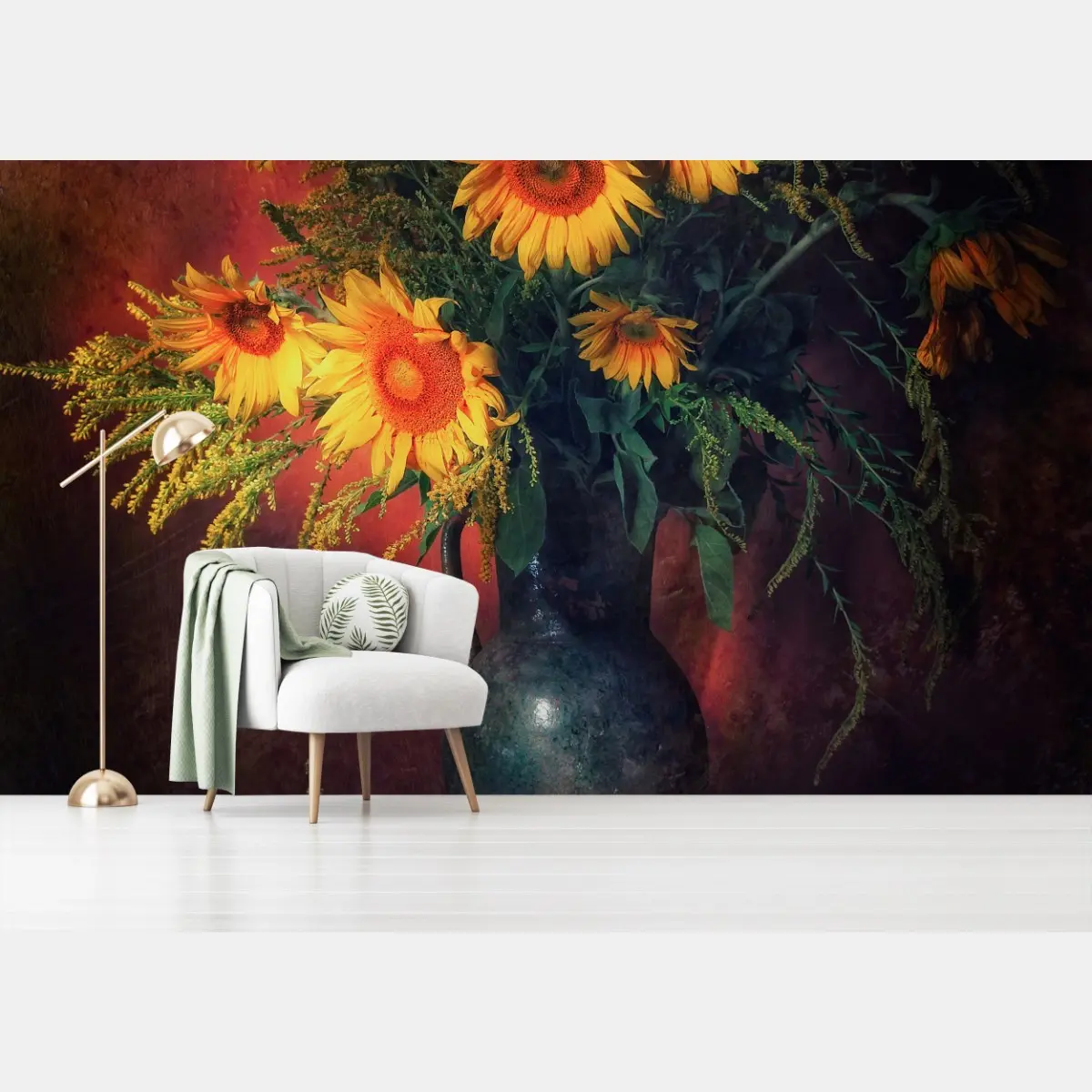Fototapete goldene sonnenblumen in vintage-vase – Pixers®
