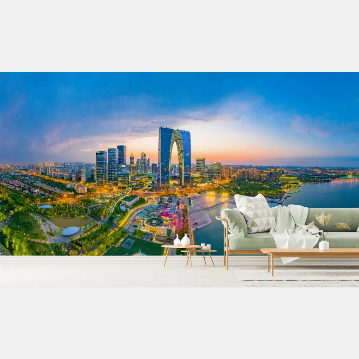 Fototapete panoramablick auf die stadt bei dämmerung – Pixers®