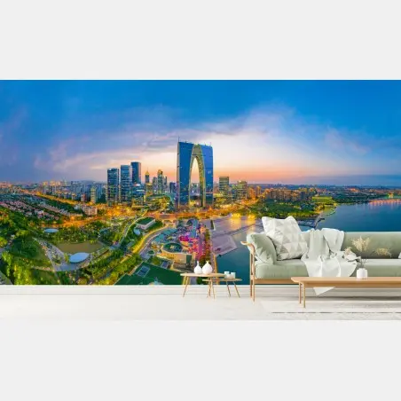 Fototapete panoramablick auf die stadt bei dämmerung – Pixers®
