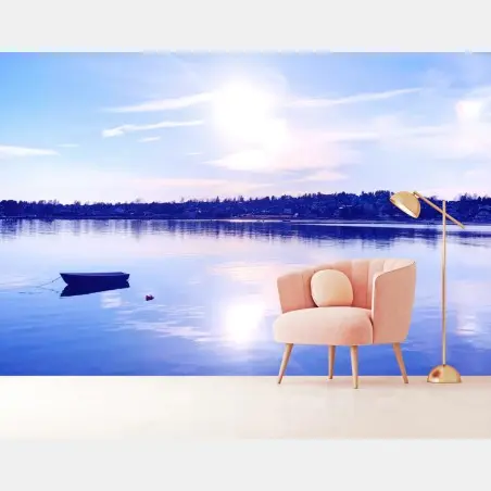 Fototapete ruhiger blauer see mit einsamem boot – Pixers®