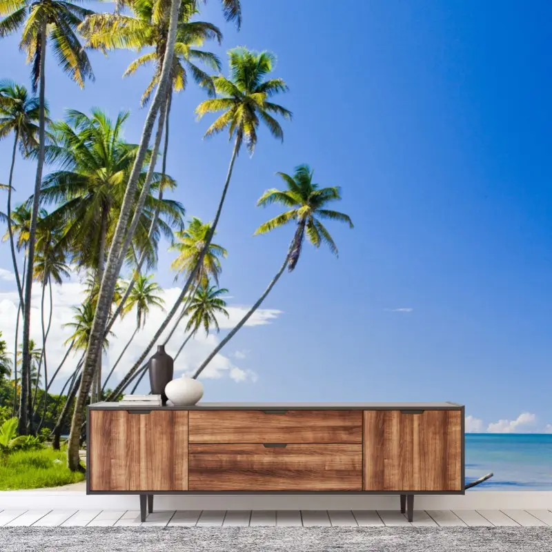 Fototapete tropischer palmenstrand unter blauem himmel