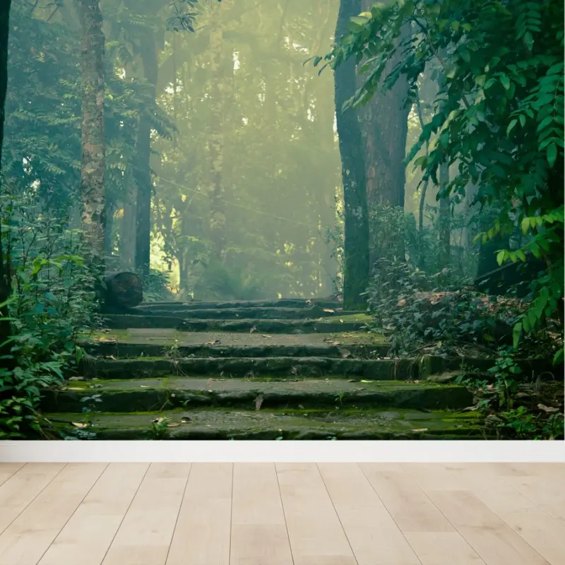 Fototapete moosbedeckte steintreppe in den nebligen wald