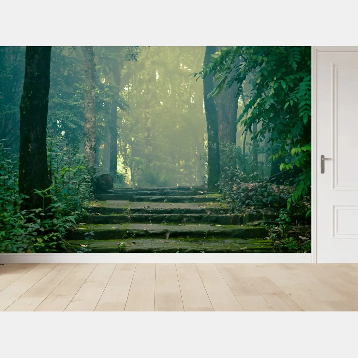 Fototapete moosbedeckte steintreppe in den nebligen wald – Pixers®