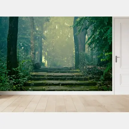 Fototapete moosbedeckte steintreppe in den nebligen wald – Pixers®