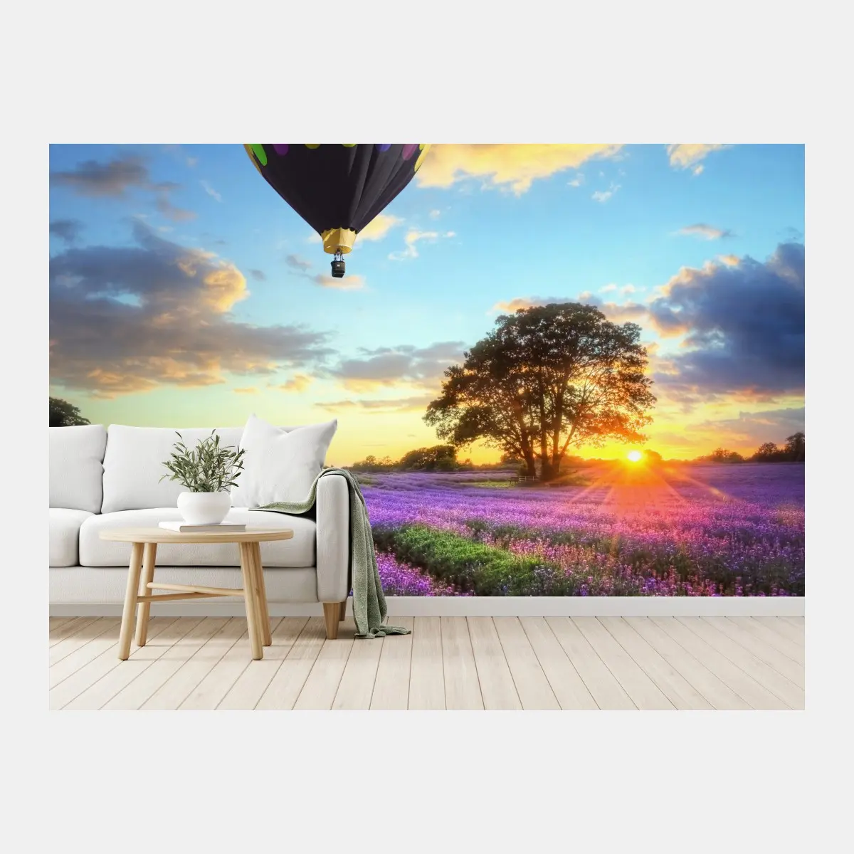 Fototapete lavendersonnenuntergang mit bunten heißluftballons – Pixers®