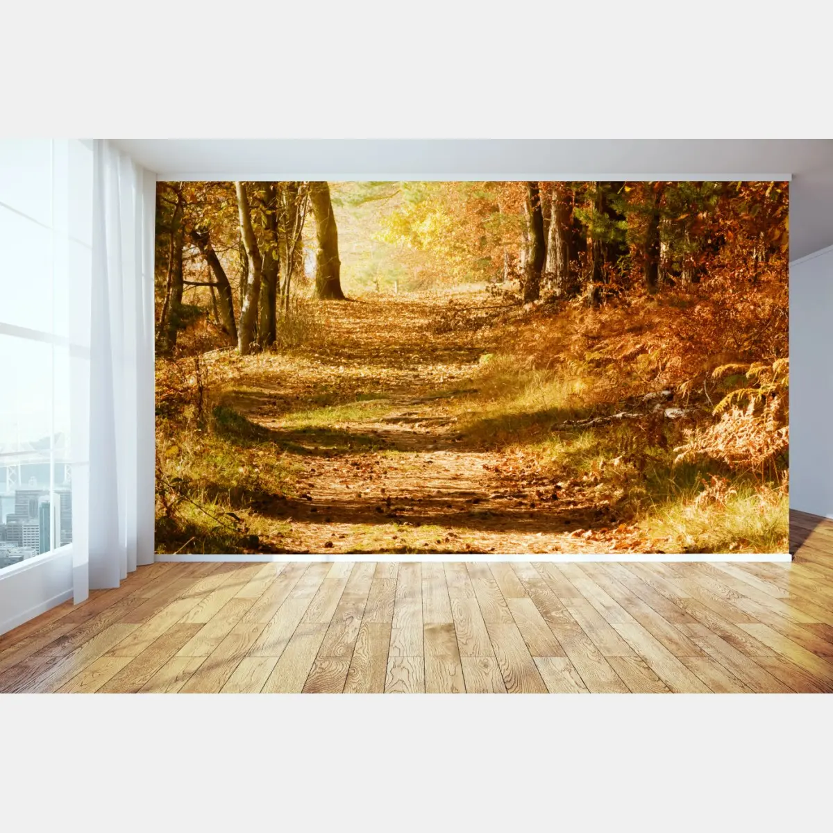 Fototapete herbstlicher waldweg mit goldenem licht – Pixers®