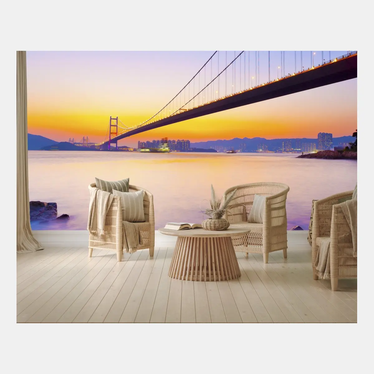 Fototapete goldener sonnenuntergang über hängebrücke – Pixers®