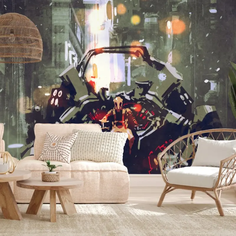 Fototapete futuristischer mech in neonstadt