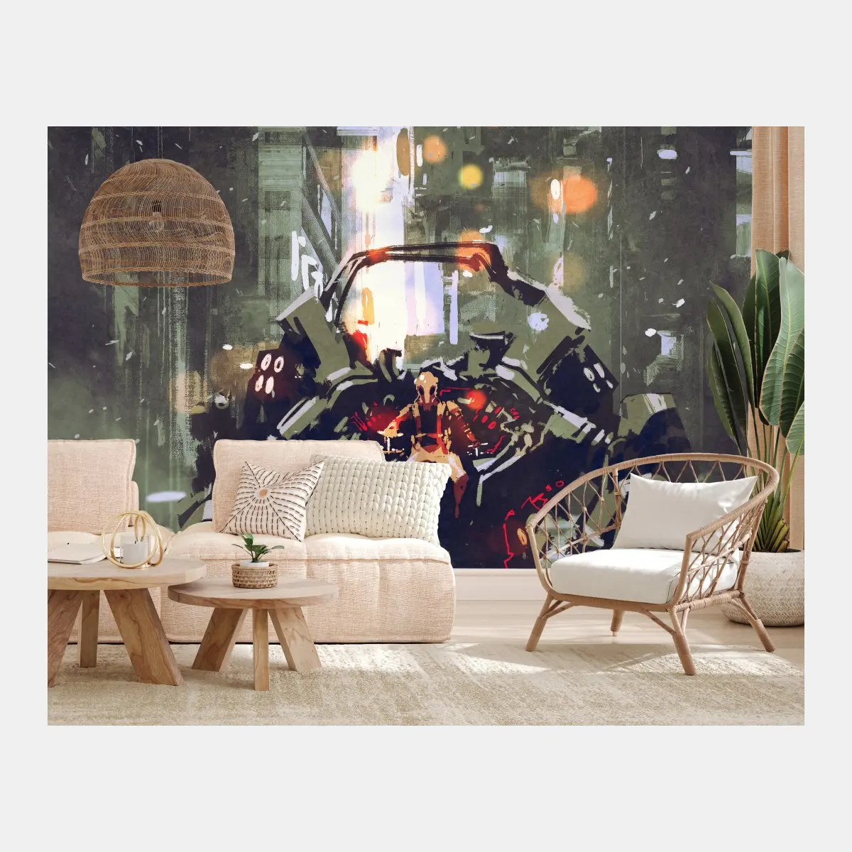 Fototapete futuristischer mech in neonstadt – Pixers®