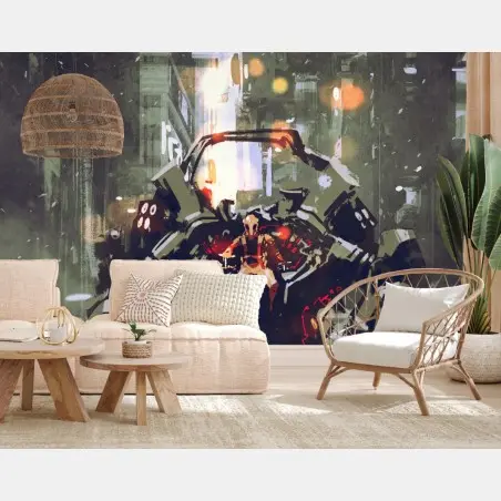 Fototapete futuristischer mech in neonstadt – Pixers®