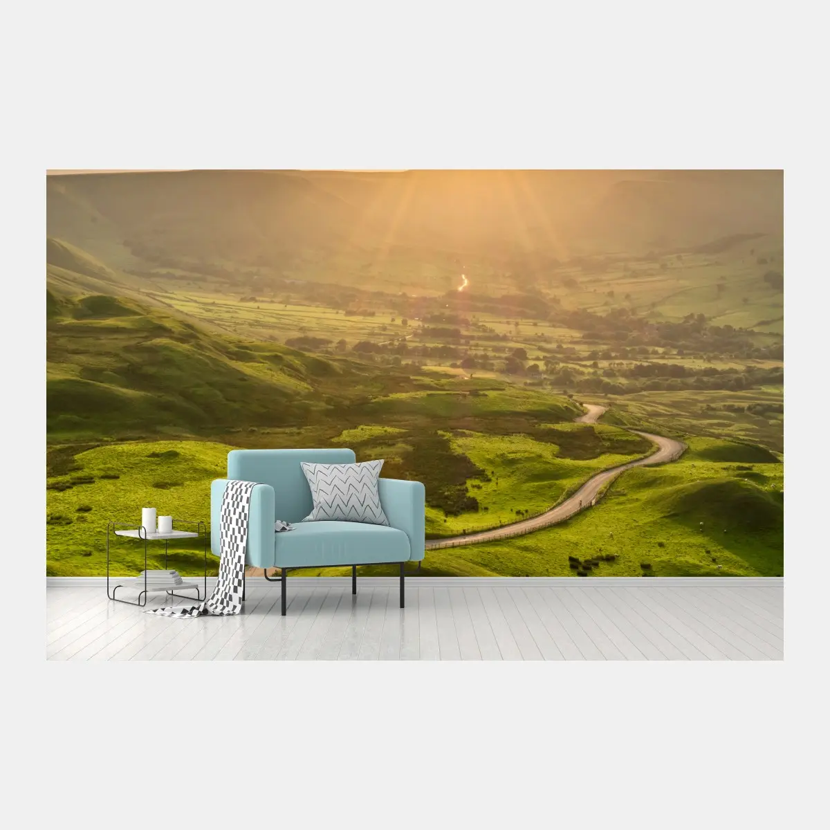 Fototapete goldener sonnenuntergang über einer geschwungenen landstraße – Pixers®