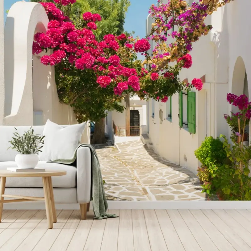 Fototapete sonnige mediterrane gasse mit bougainvillea