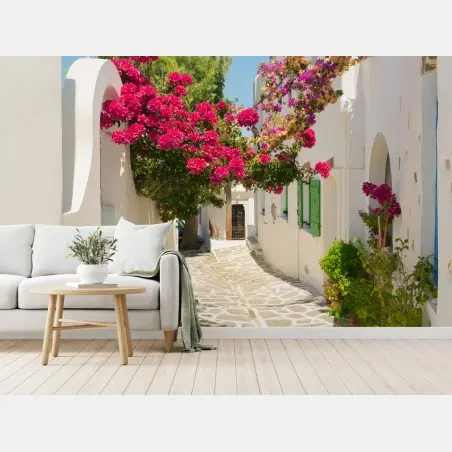 Fototapete sonnige mediterrane gasse mit bougainvillea – Pixers®