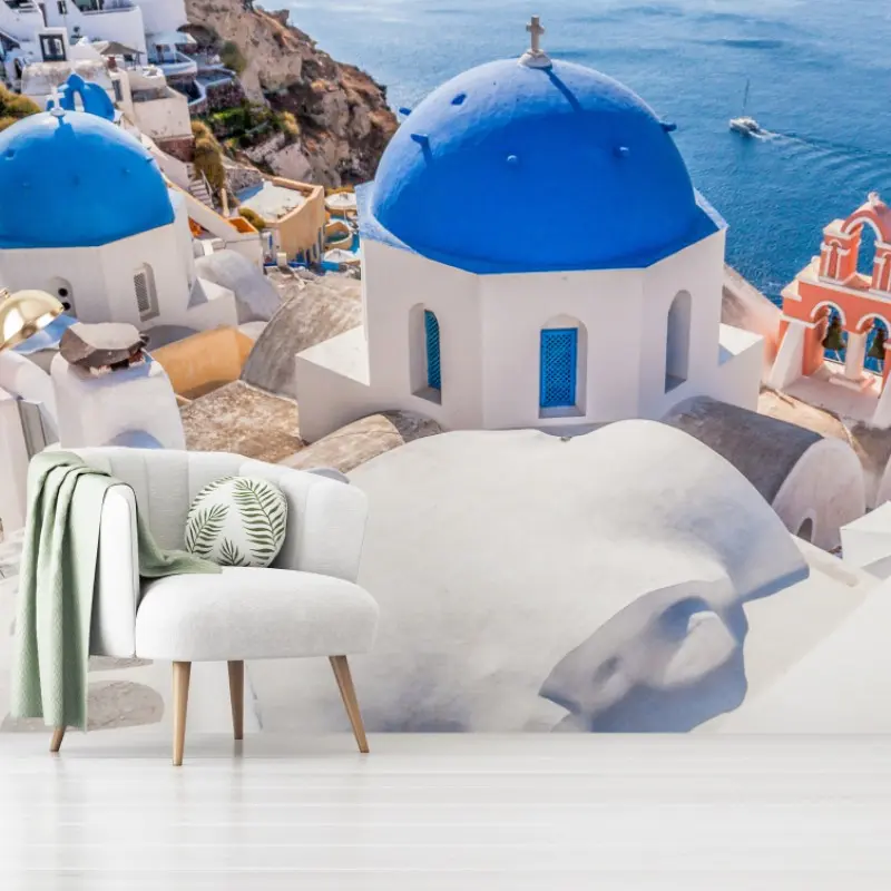 Fototapete sonniges Santorini blaue kuppeln und meerblick