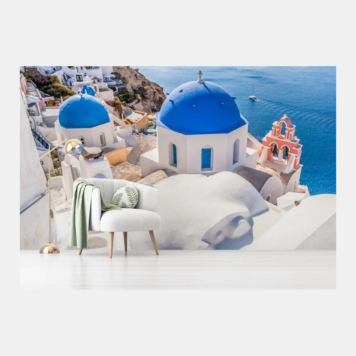 Fototapete sonniges Santorini blaue kuppeln und meerblick – Pixers®