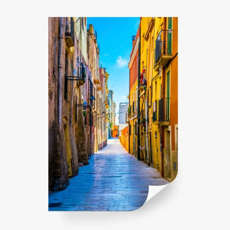 Fototapete sonnenbeschienene mediterrane gasse mit bunten fassaden