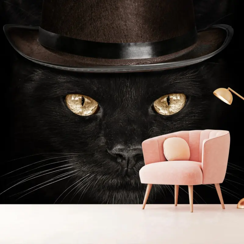 Fototapete elegante schwarze katze mit zylinder und fliege