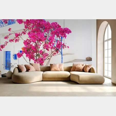 Fototapete rosa bougainvillea vor weißem haus auf griechischer insel – Pixers®