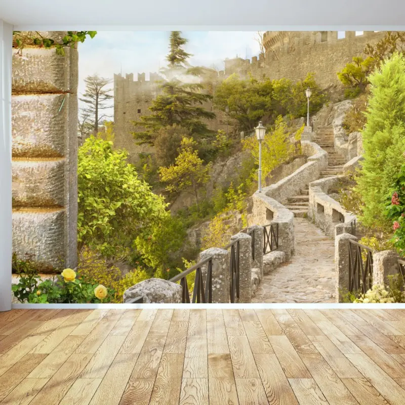 Fototapete sonniger gartenweg zum schloss