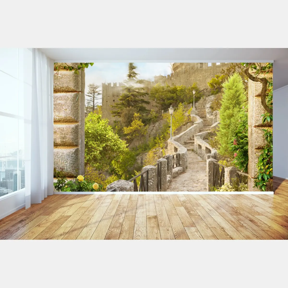 Fototapete sonniger gartenweg zum schloss – Pixers®