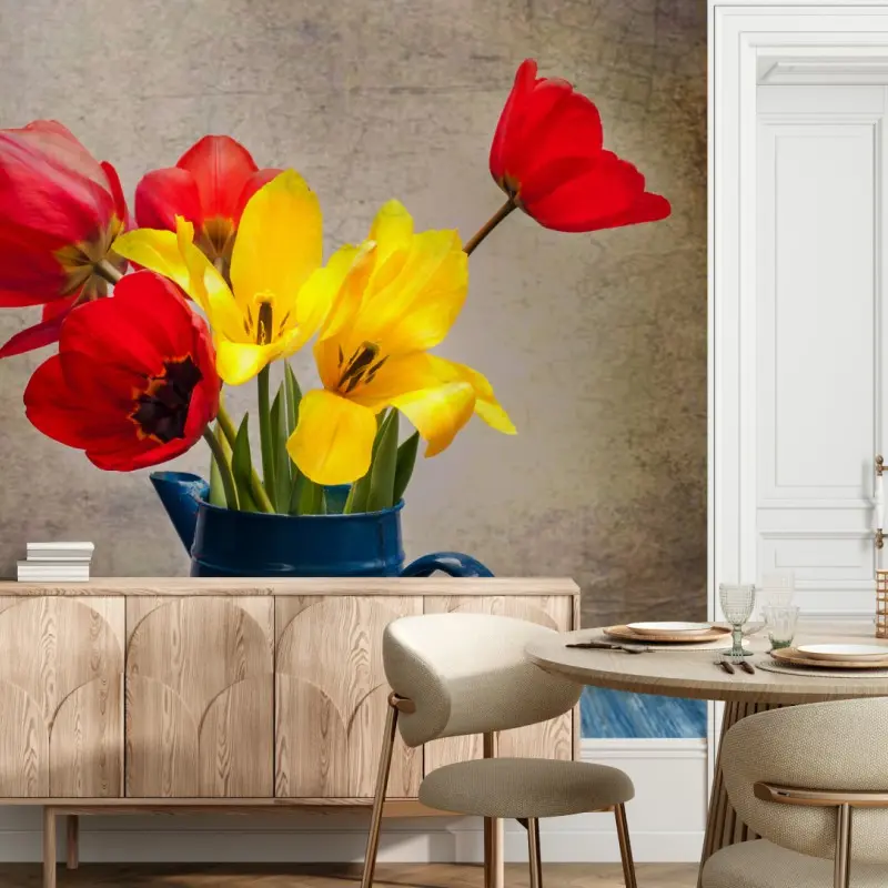Fototapete bunter tulpenstrauß im blauen krug