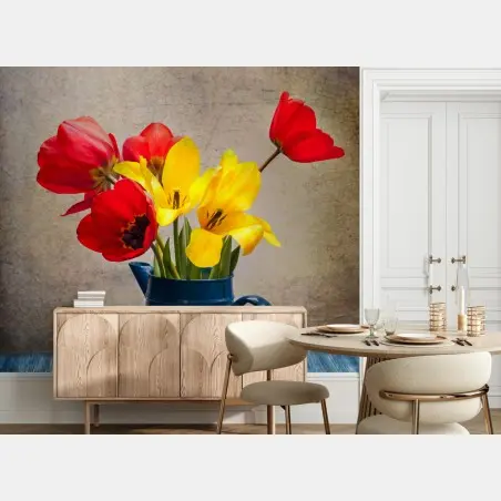 Fototapete bunter tulpenstrauß im blauen krug – Pixers®
