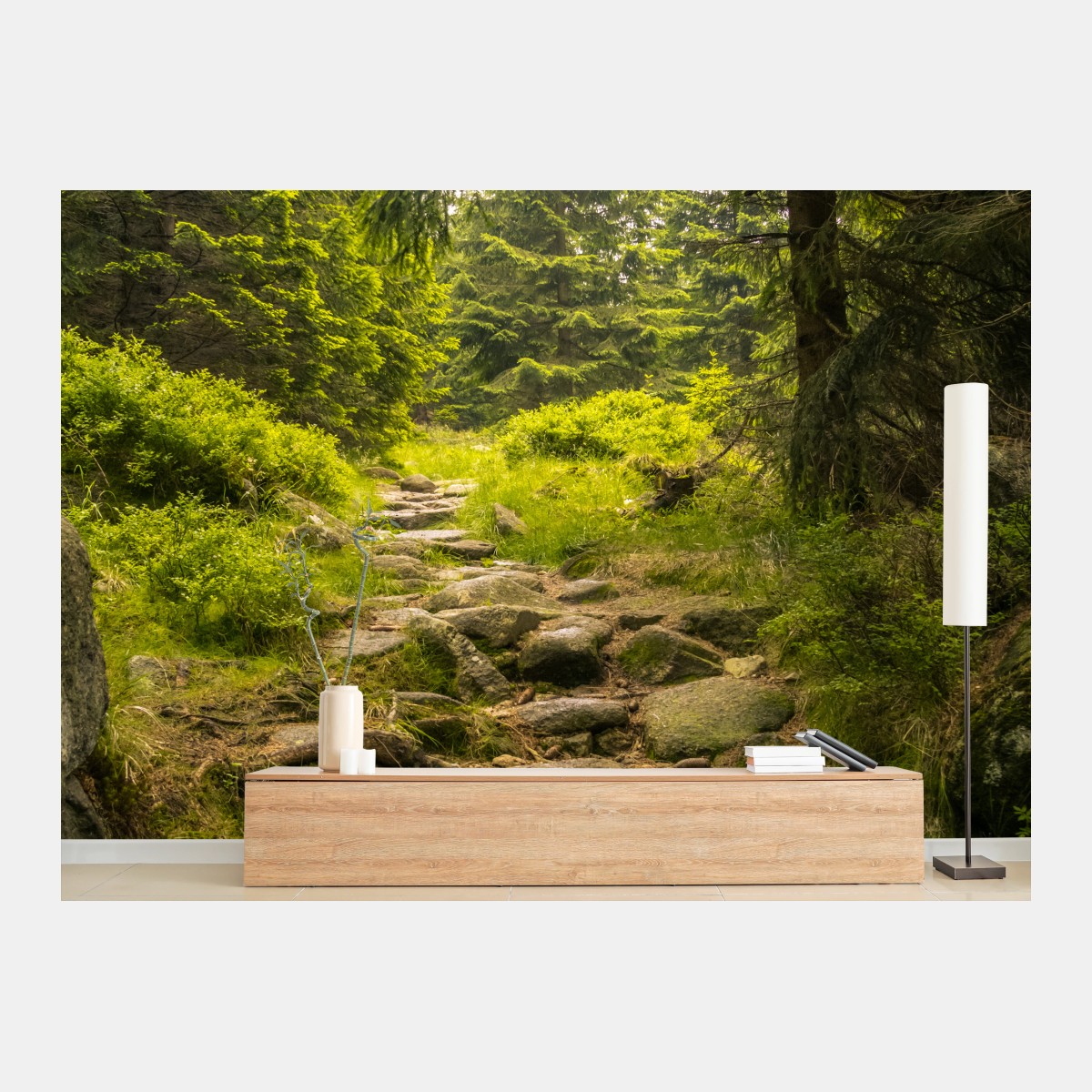 Fototapete ruhiger waldweg durch nadelwald – Pixers®