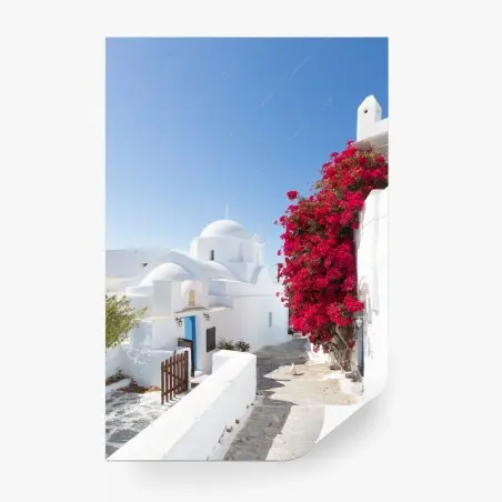 Fototapete sonnige gasse auf der insel mit leuchtender buganvillea – Pixers®