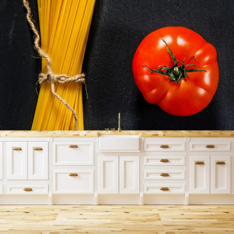 Fototapete minimalistische spaghetti- und tomatenkomposition