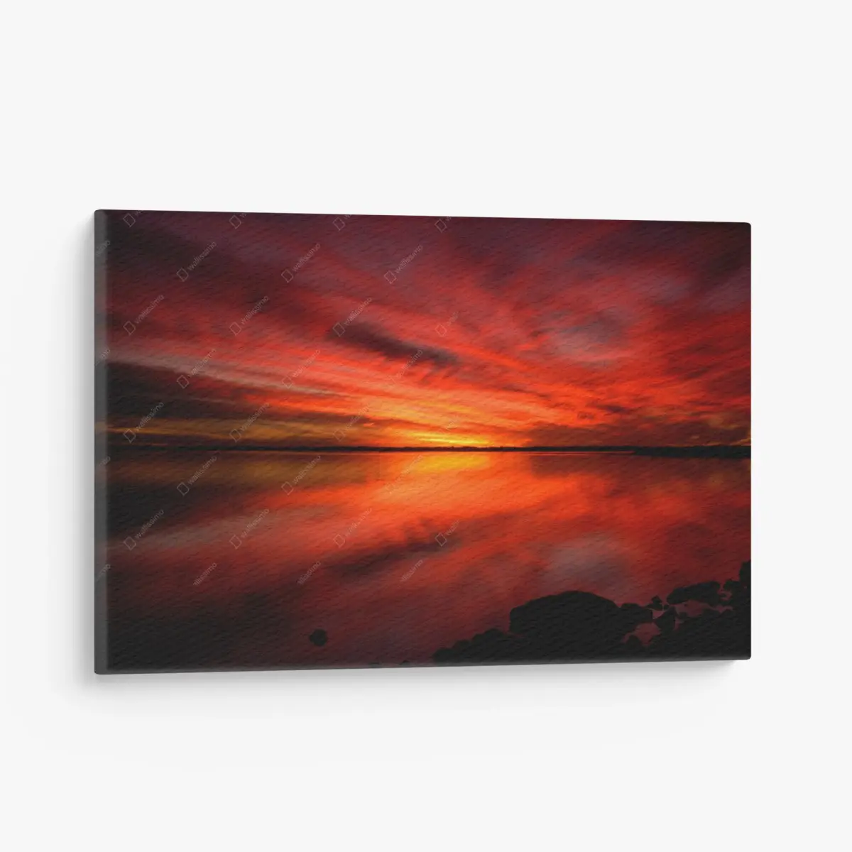 Leinwandbild feuriger sonnenuntergang über stillem see – Pixers®