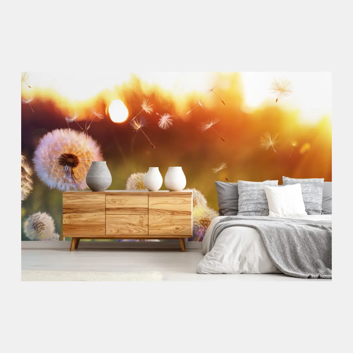 Fototapete goldene löwenzahnwiese bei sonnenuntergang – Pixers®