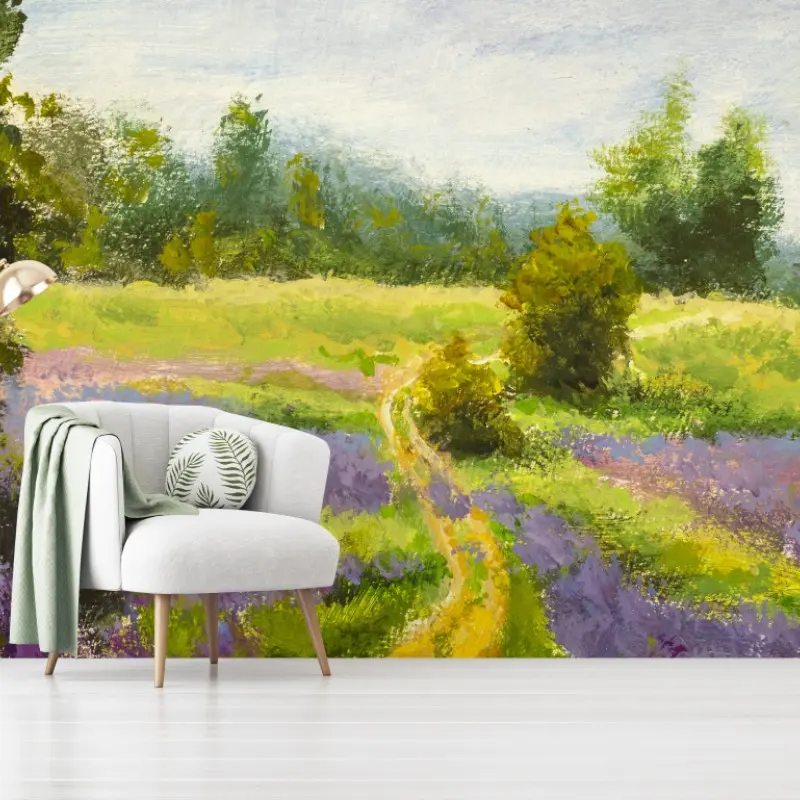 Fototapete lavendelfeld mit pfad impressionistische landschaft