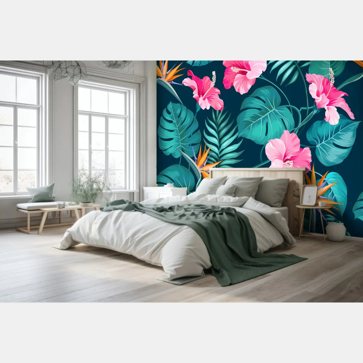 Fototapete tropisches hibiskus- und blattmotiv – Pixers®