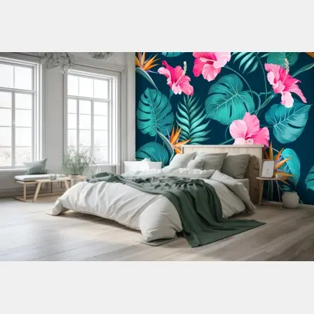 Fototapete tropisches hibiskus- und blattmotiv – Pixers®