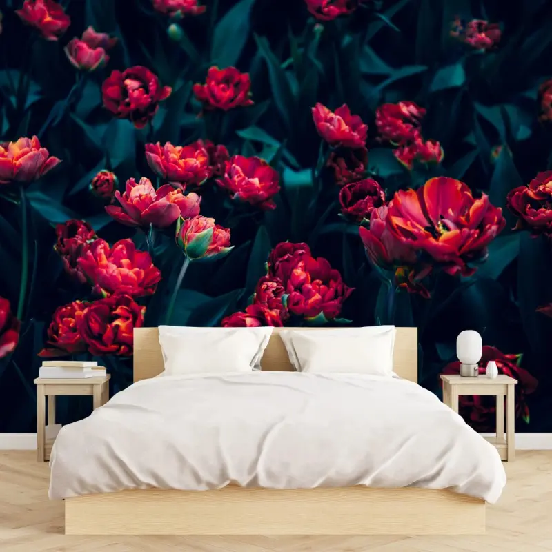 Fototapete mystischer garten roter tulpen