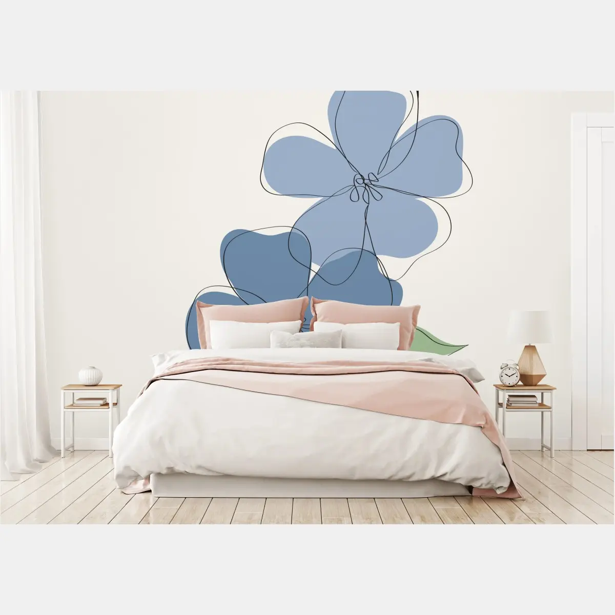 Fototapete zarte blaue blüten linienillustration – Pixers®